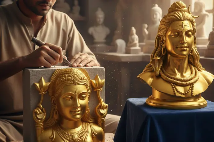 Handcrafted gold idols of gods, created with devotion and precision.