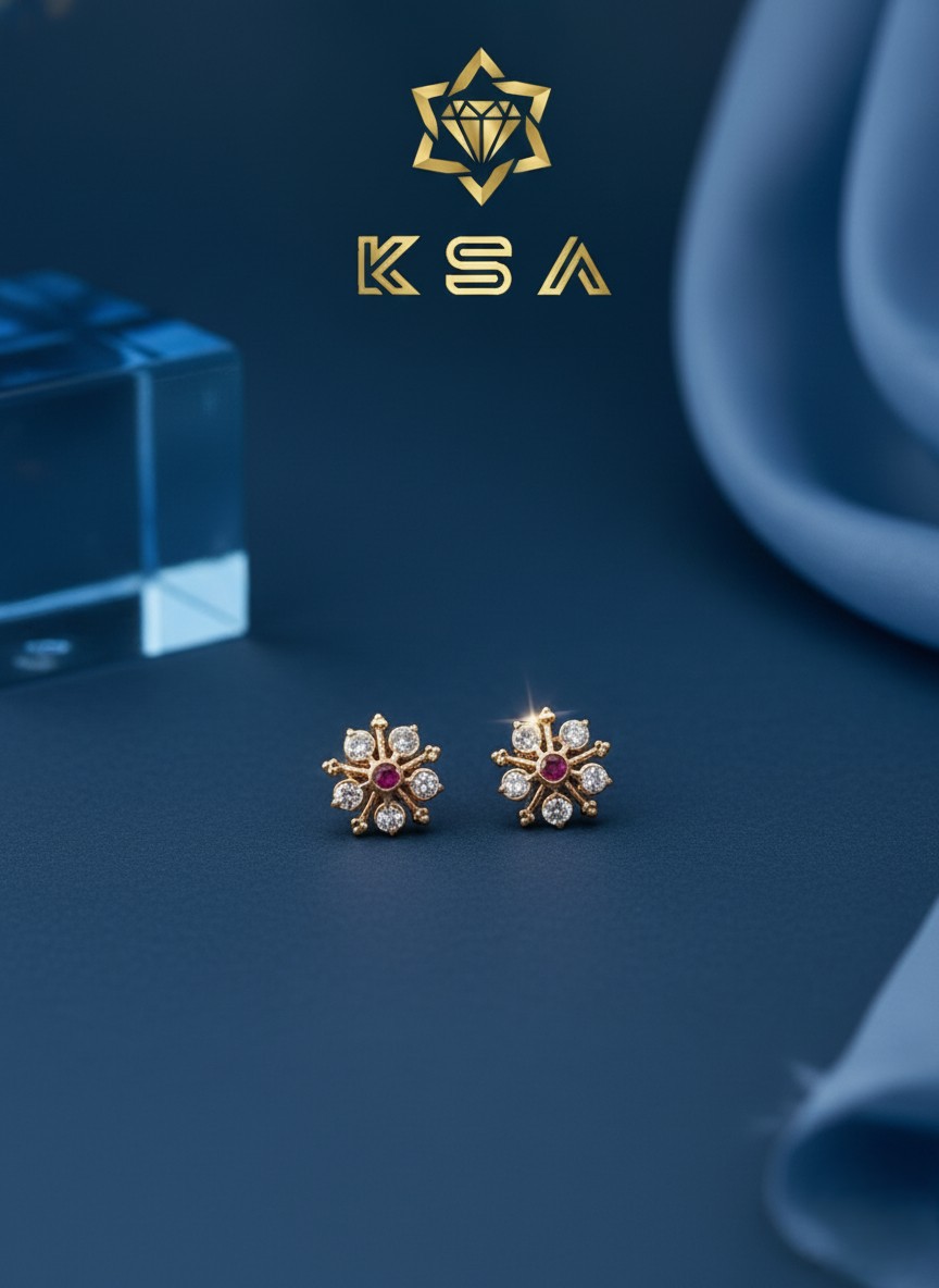 Bridal Ruby & Diamond Flower Stud Earrings