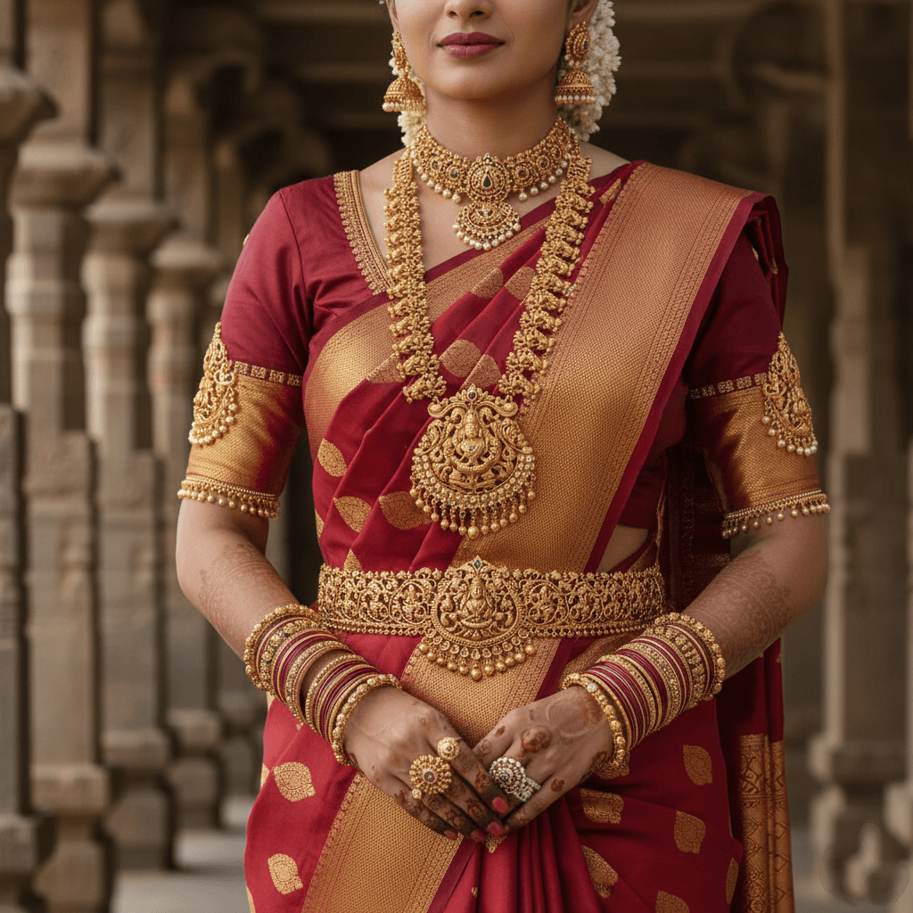 An Indian bride glowing in timeless gold elegance.
