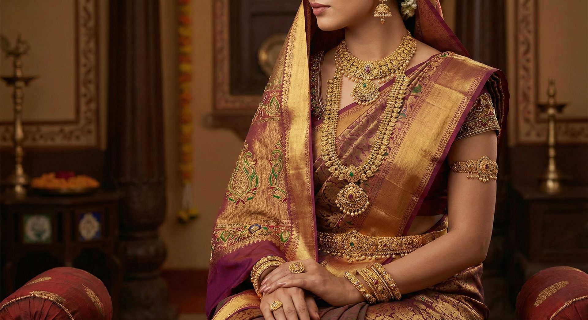 A queenly aura, draped in majestic gold ornaments.